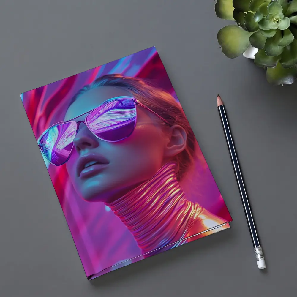 Futuristic Woman Mirrored Sunglasses Neon Pink Background – Notebooks