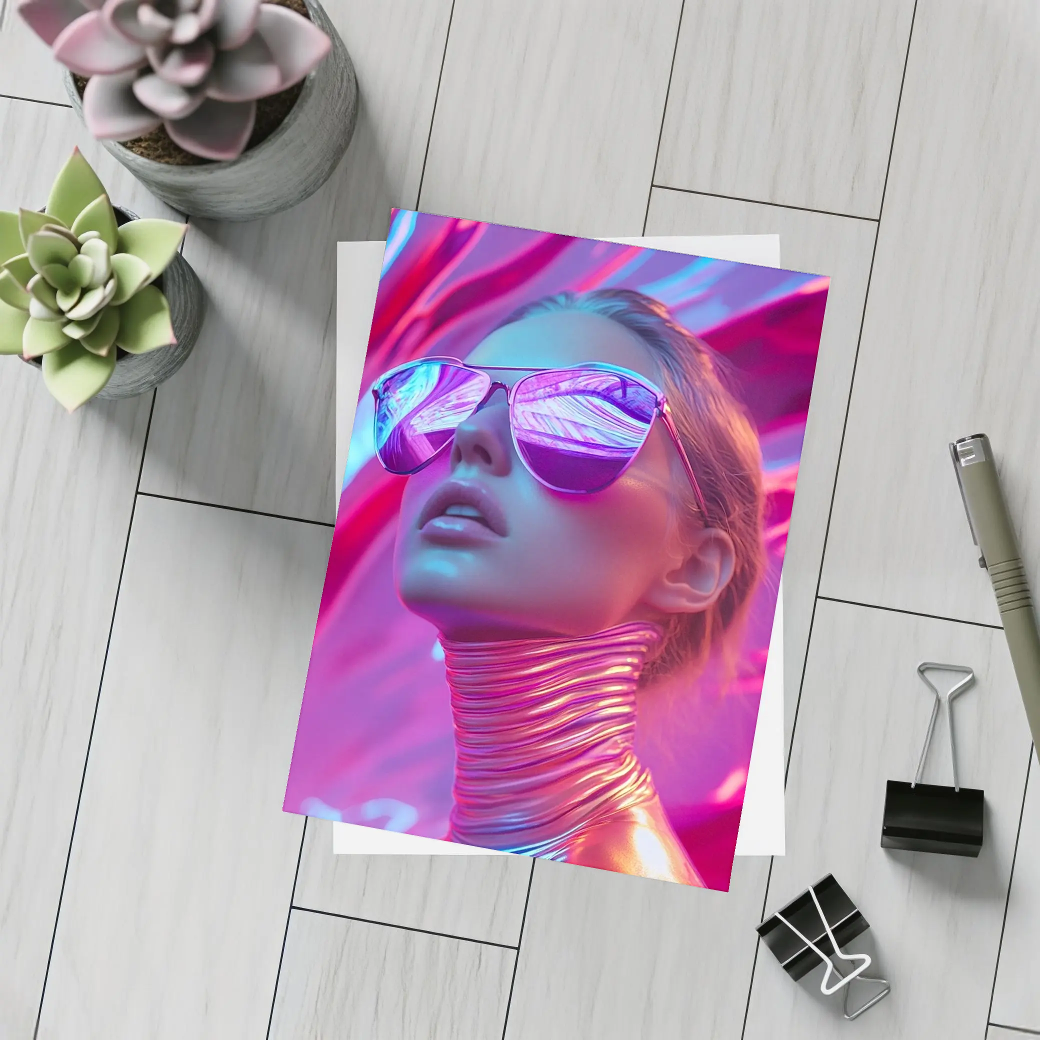 Futuristic Woman Mirrored Sunglasses Neon Pink Background – Postcards