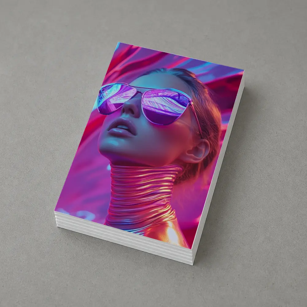 Futuristic Woman Mirrored Sunglasses Neon Pink Background – Postcards