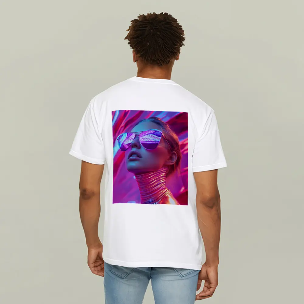 Futuristic Woman Mirrored Sunglasses Neon Pink Background – T-Shirts