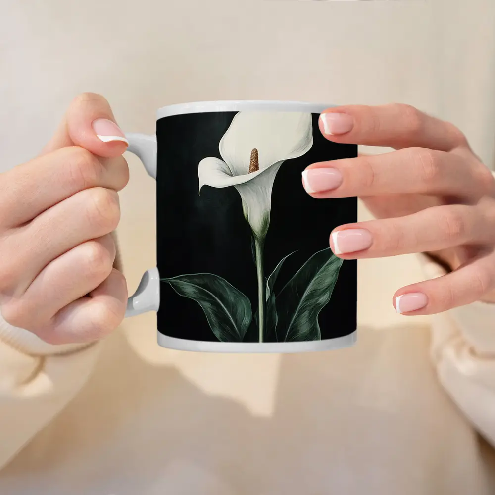 Calla Lily White Flower Dark Black Background – Mugs