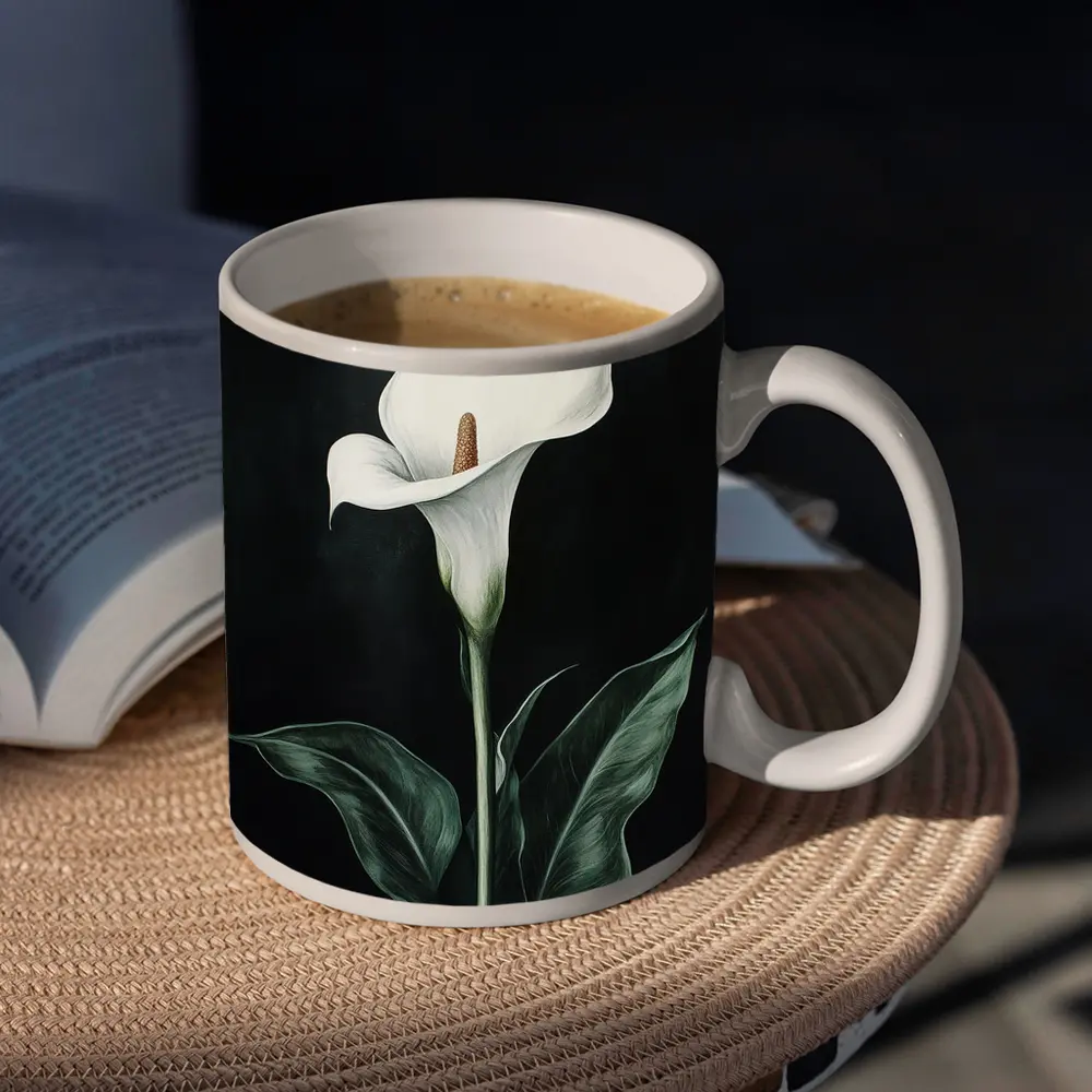 Calla Lily White Flower Dark Black Background – Mugs