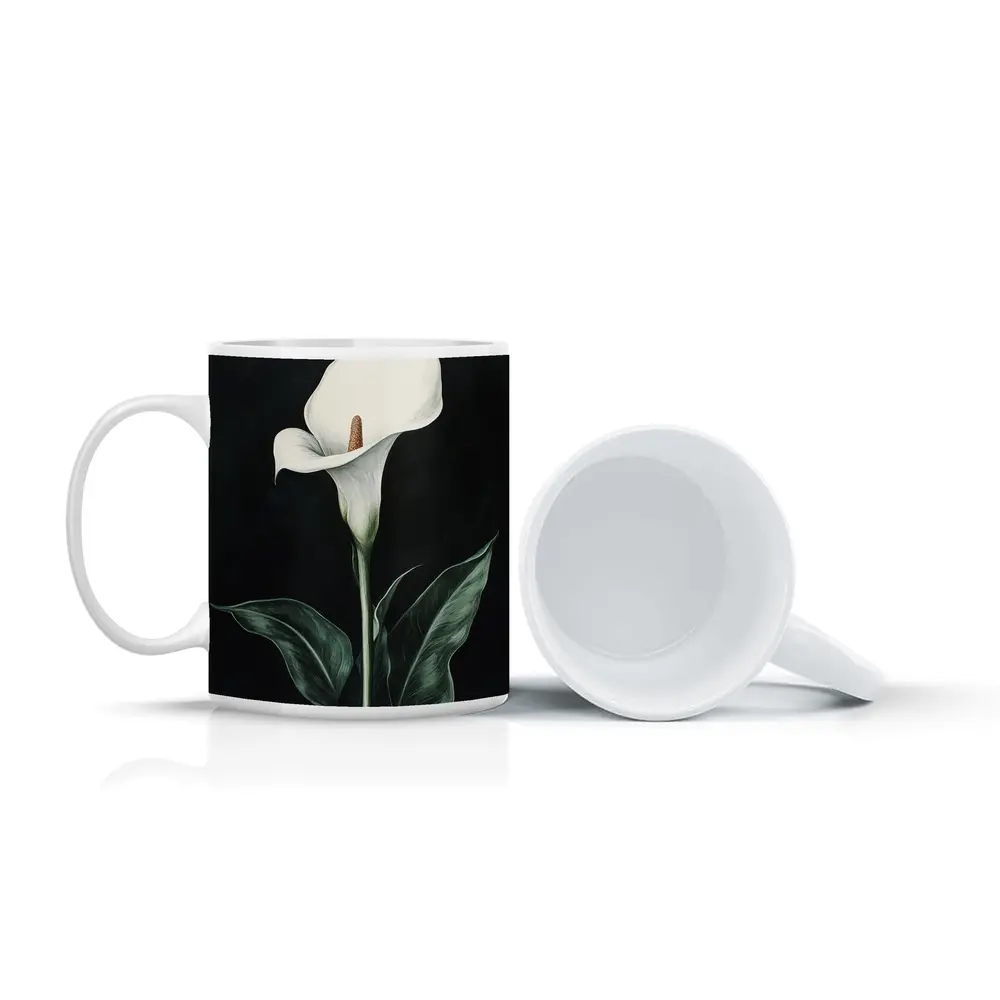Calla Lily White Flower Dark Black Background – Mugs