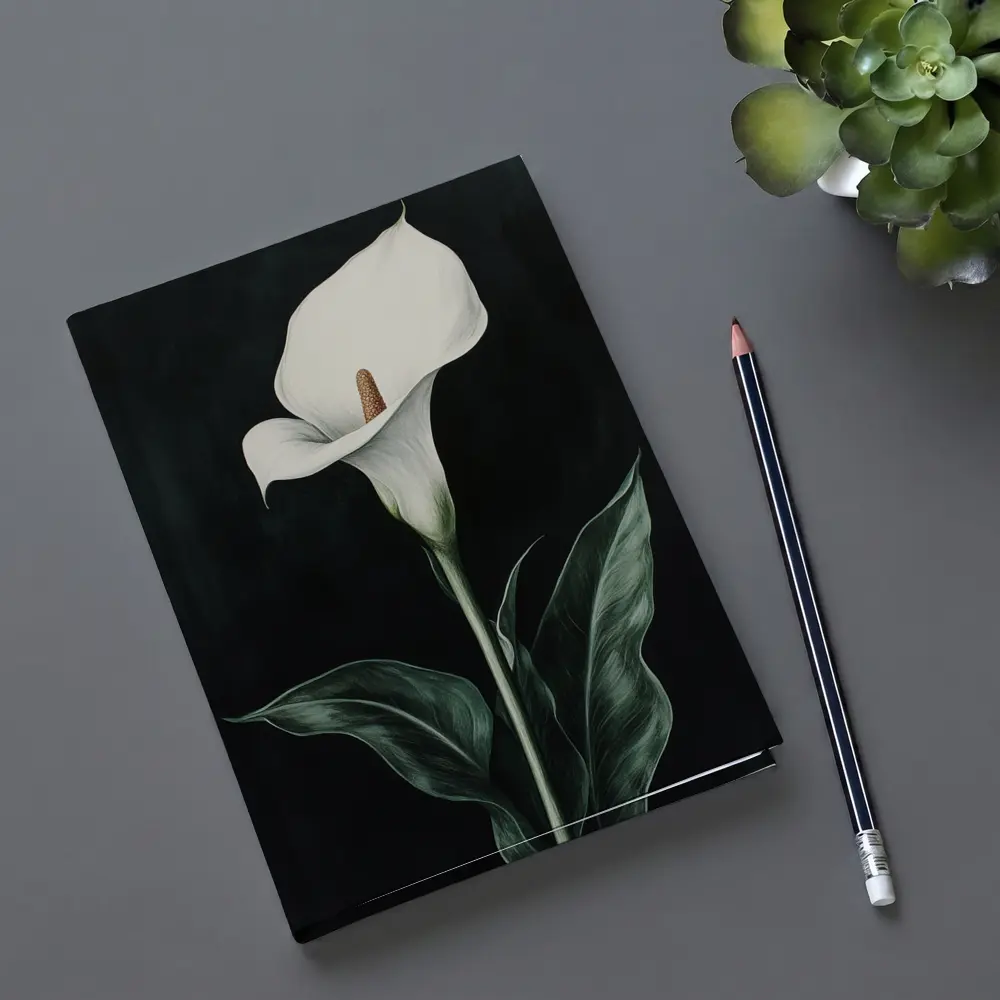 Calla Lily White Flower Dark Black Background – Notebooks