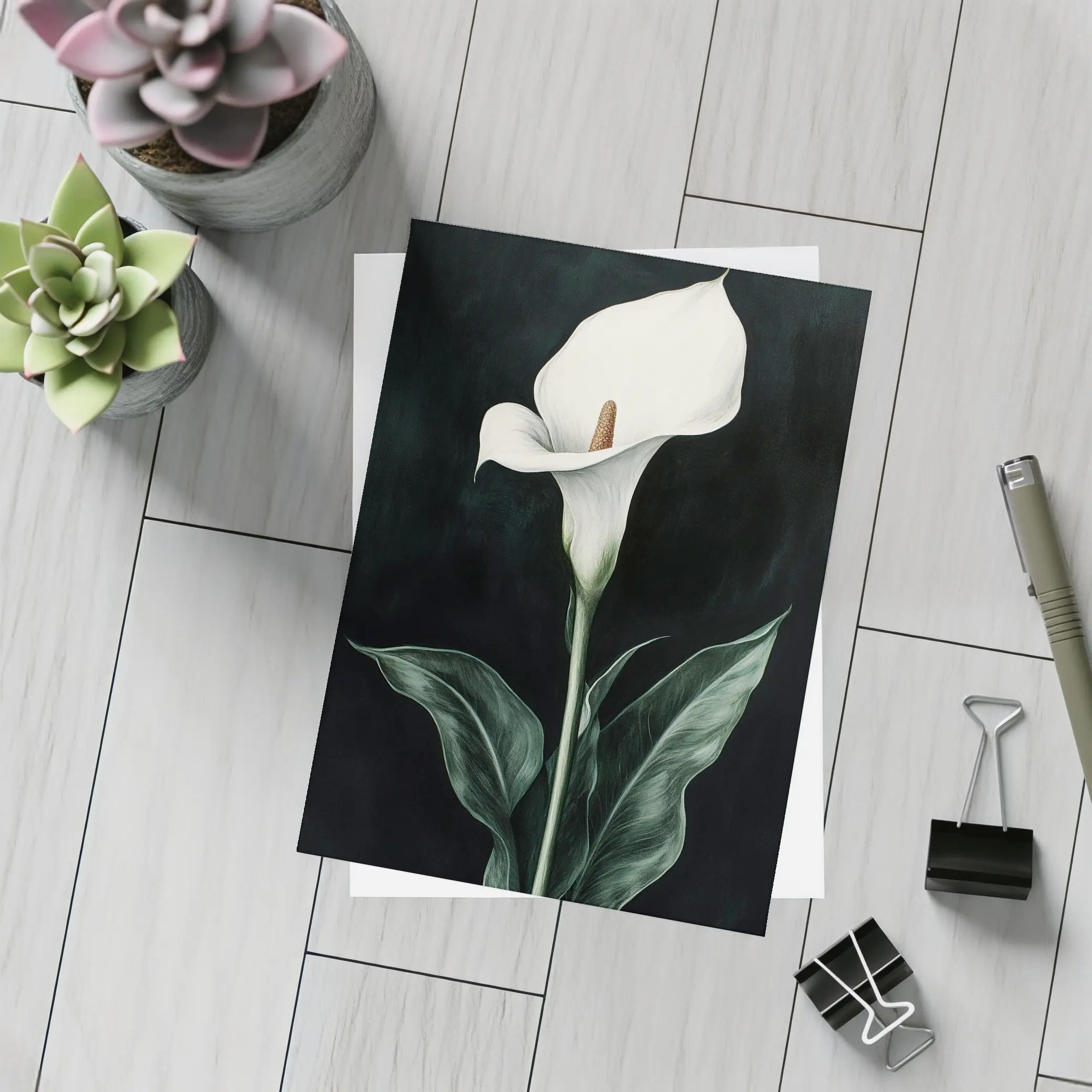 Calla Lily White Flower Dark Black Background – Postcards