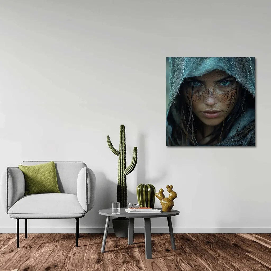 Fierce Warrior Woman Hooded Dark Fantasy Portrait – Wall Art