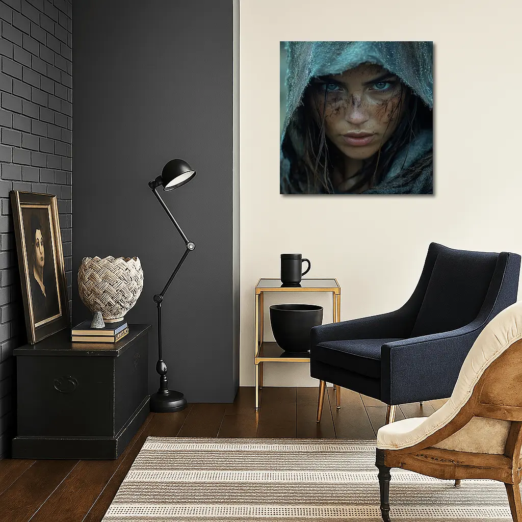 Fierce Warrior Woman Hooded Dark Fantasy Portrait – Wall Art