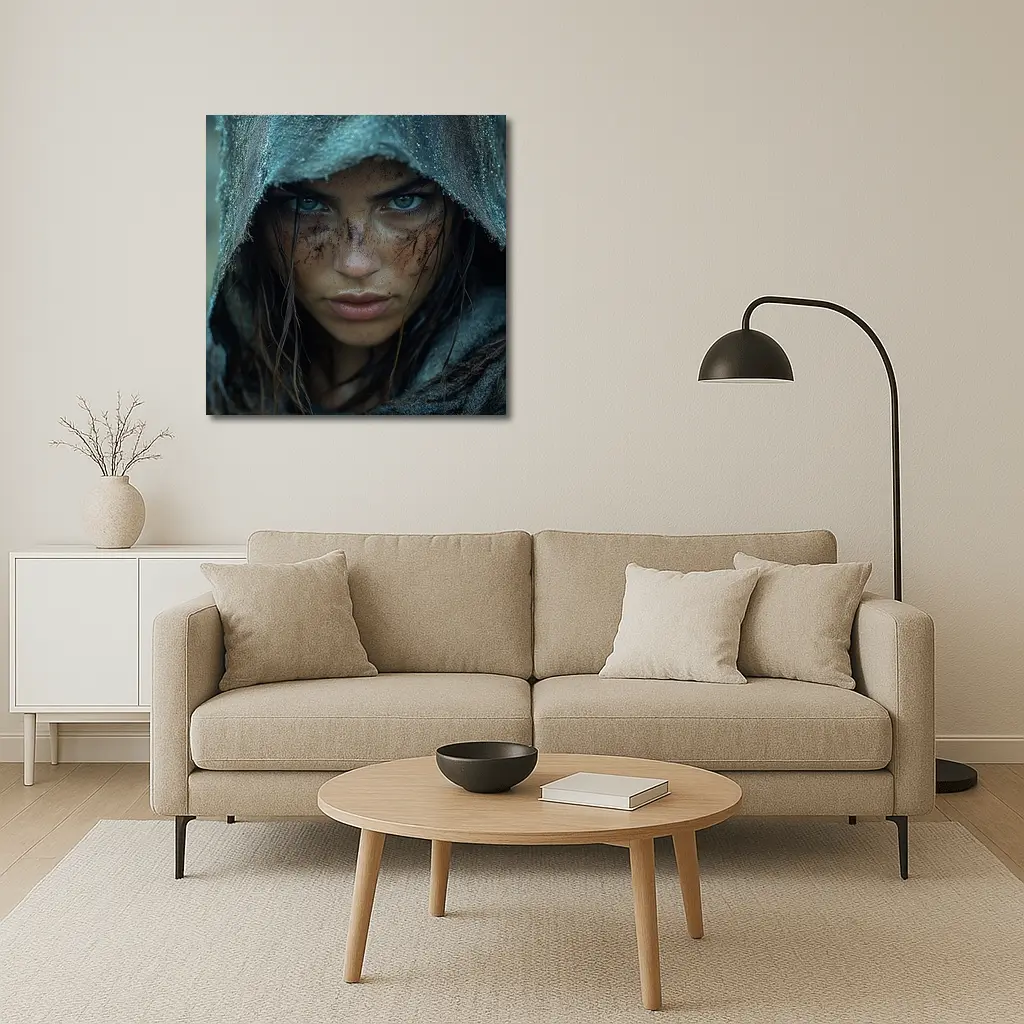Fierce Warrior Woman Hooded Dark Fantasy Portrait – Wall Art