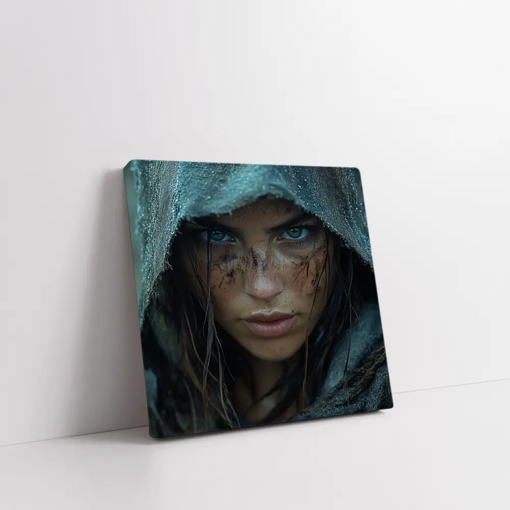 Fierce Warrior Woman Hooded Dark Fantasy Portrait – Wall Art
