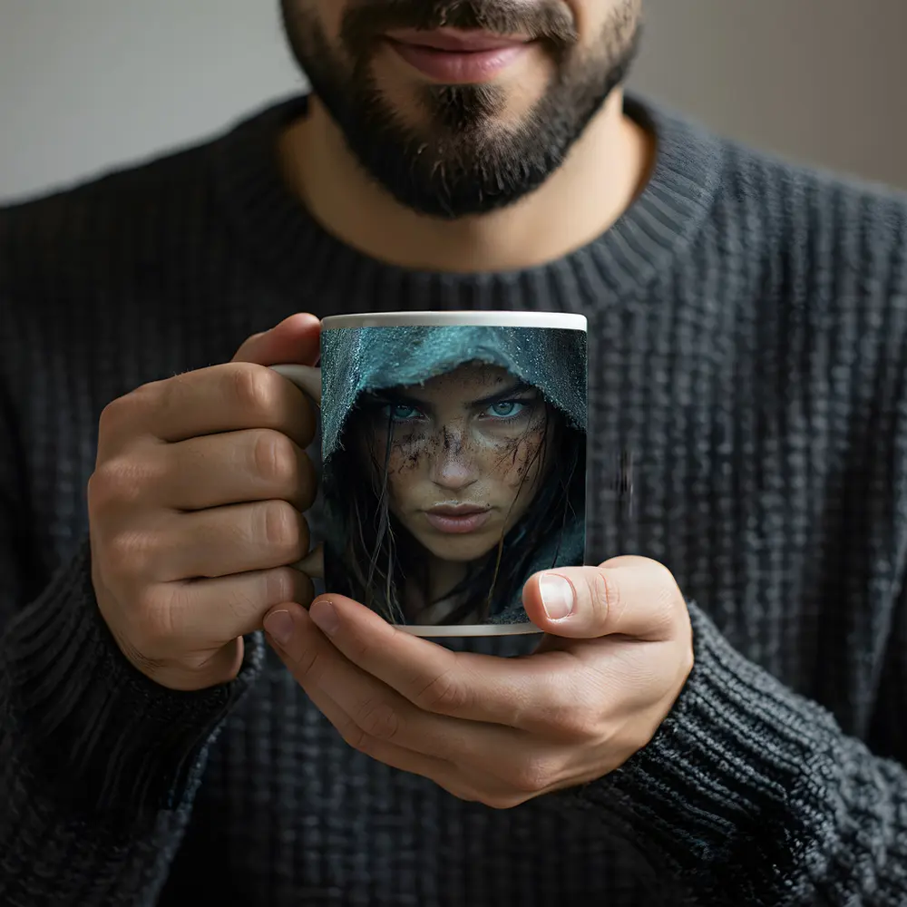 Fierce Warrior Woman Hooded Dark Fantasy Portrait – Mugs