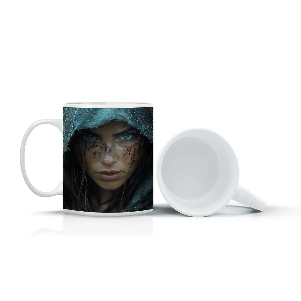 Fierce Warrior Woman Hooded Dark Fantasy Portrait – Mugs