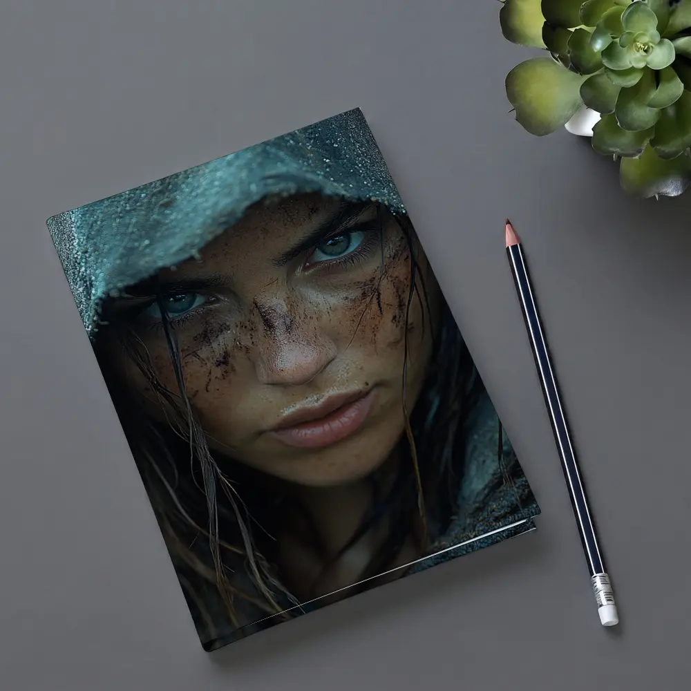 Fierce Warrior Woman Hooded Dark Fantasy Portrait – Notebooks