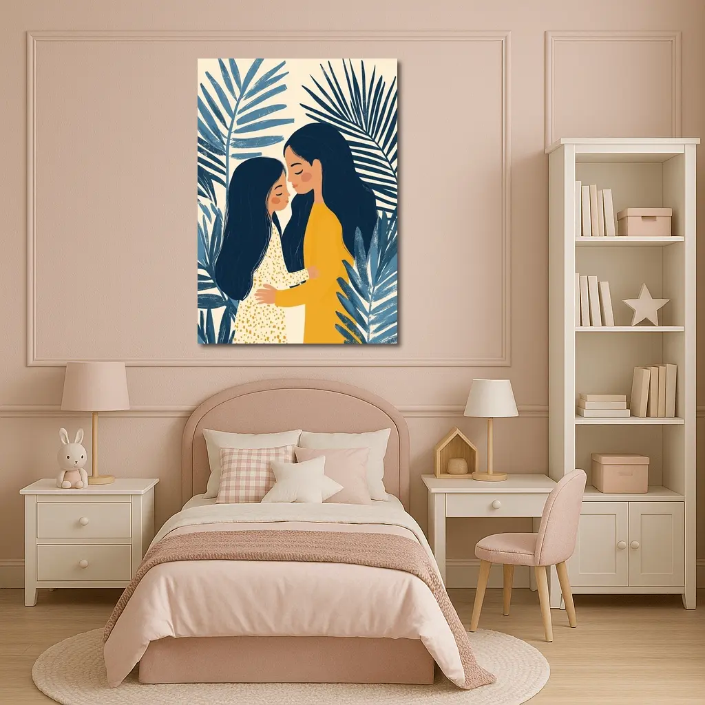 Mother Daughter Embrace Tropical Palm Leaves Illustration – Wall Art