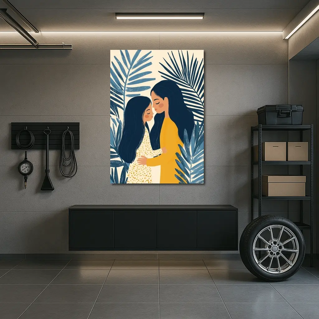 Mother Daughter Embrace Tropical Palm Leaves Illustration – Wall Art