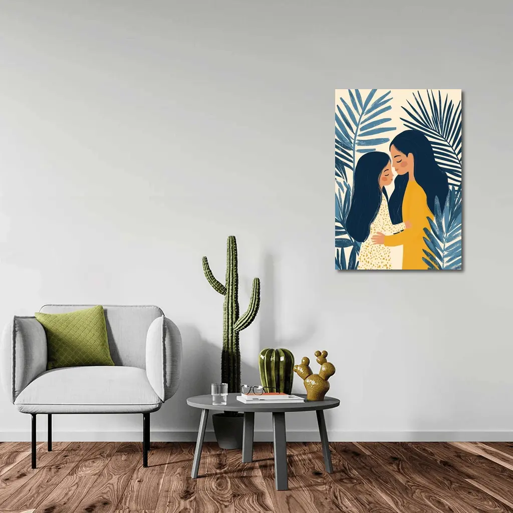Mother Daughter Embrace Tropical Palm Leaves Illustration – Wall Art
