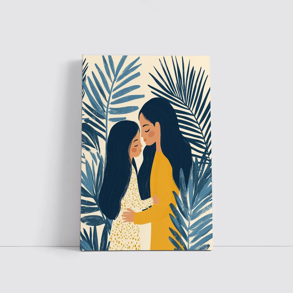 Mother Daughter Embrace Tropical Palm Leaves Illustration – Wall Art