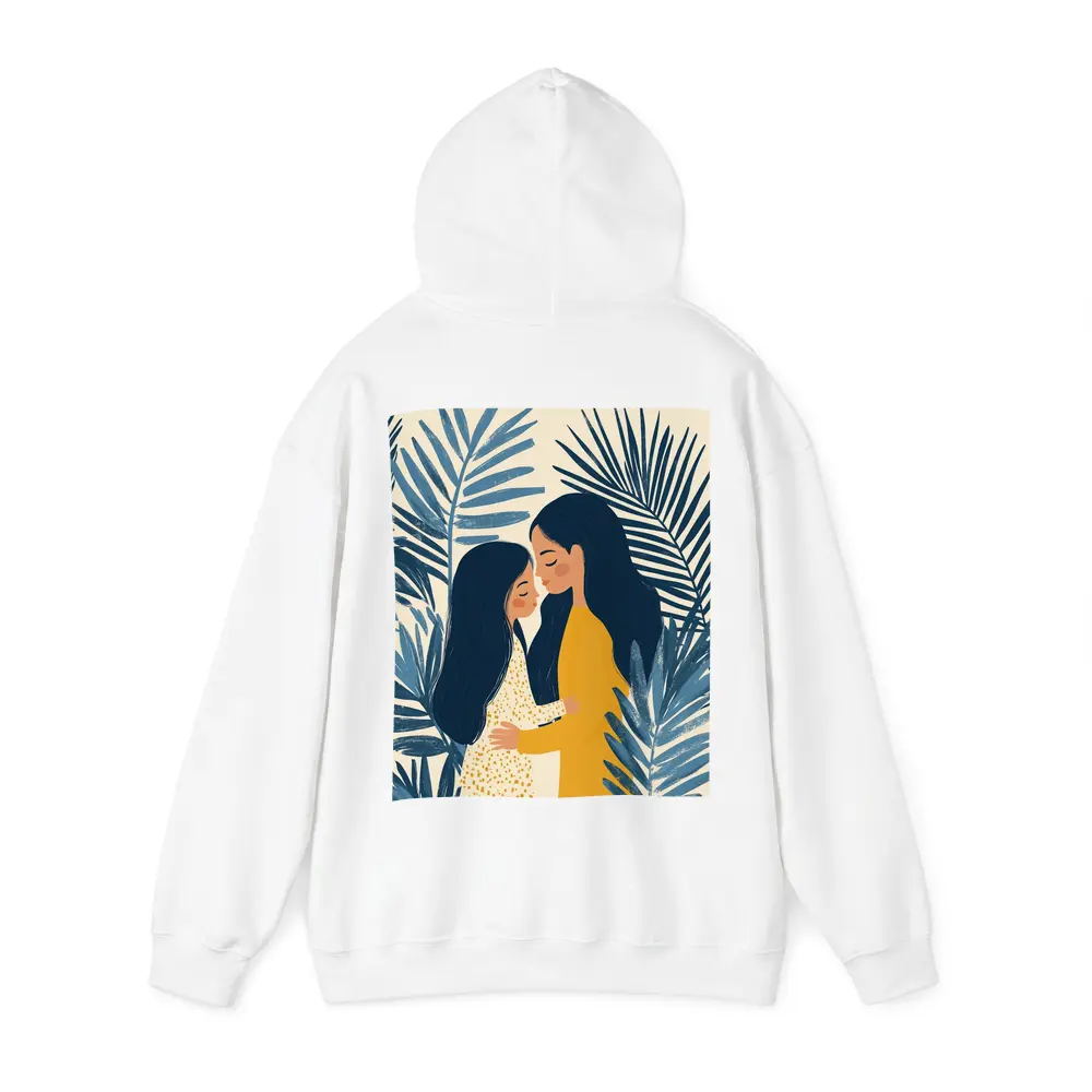 Mother Daughter Embrace Tropical Palm Leaves Illustration – Hoodies