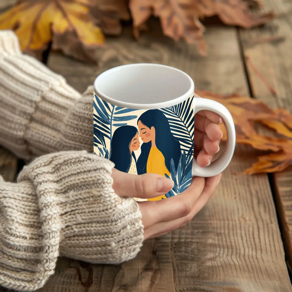Mother Daughter Embrace Tropical Palm Leaves Illustration – Mugs