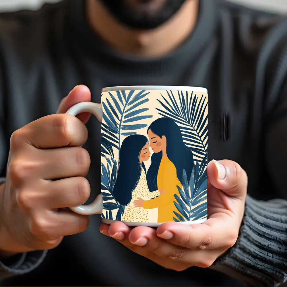 Mother Daughter Embrace Tropical Palm Leaves Illustration – Mugs