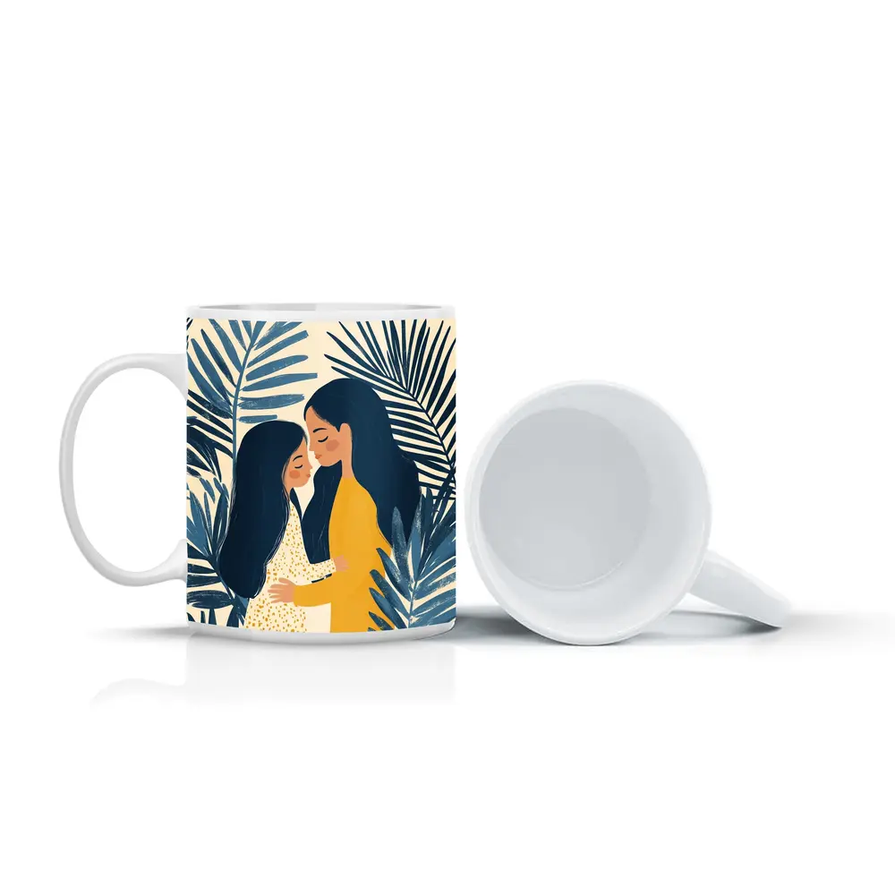 Mother Daughter Embrace Tropical Palm Leaves Illustration – Mugs