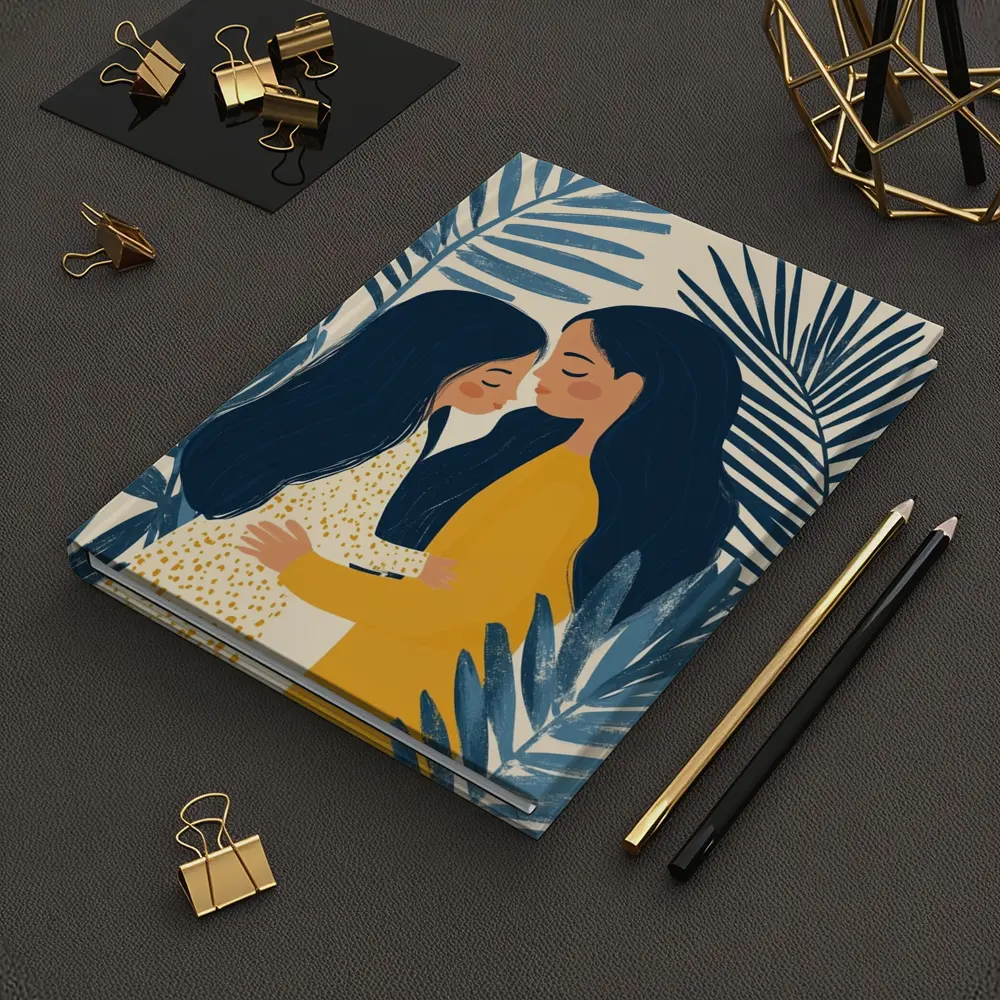 Mother Daughter Embrace Tropical Palm Leaves Illustration – Notebooks