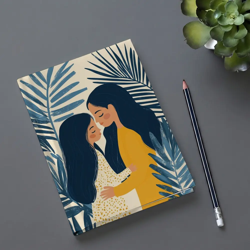 Mother Daughter Embrace Tropical Palm Leaves Illustration – Notebooks