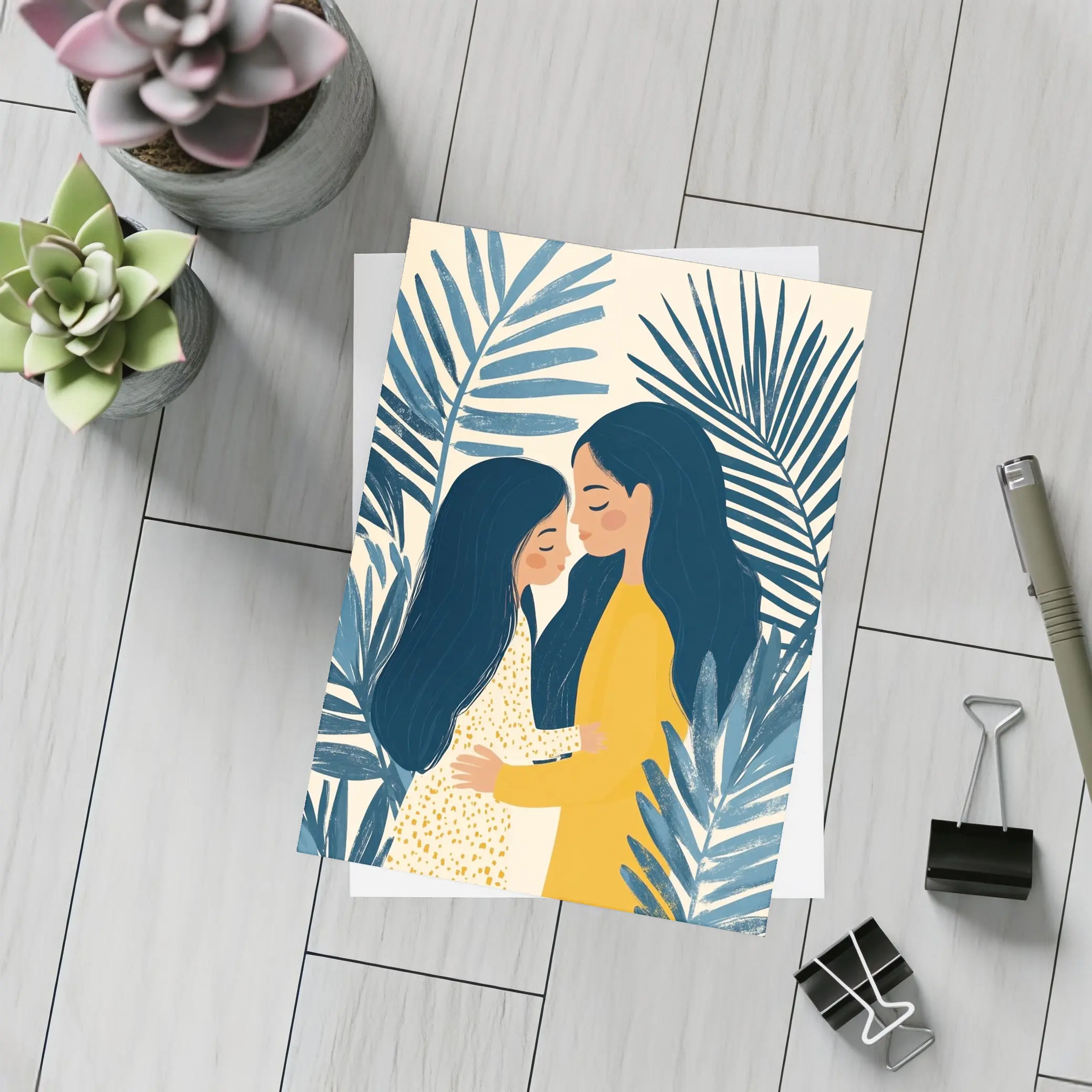 Mother Daughter Embrace Tropical Palm Leaves Illustration – Postcards