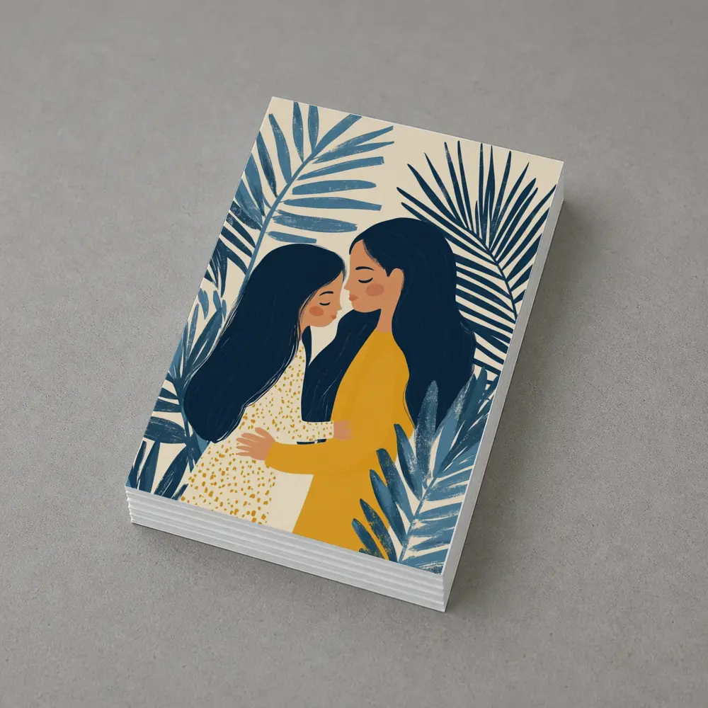 Mother Daughter Embrace Tropical Palm Leaves Illustration – Postcards