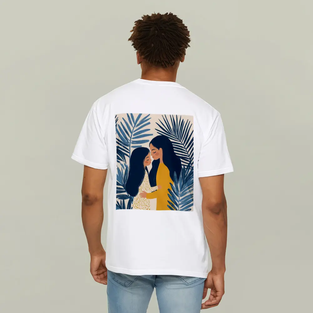 Mother Daughter Embrace Tropical Palm Leaves Illustration – T-Shirts