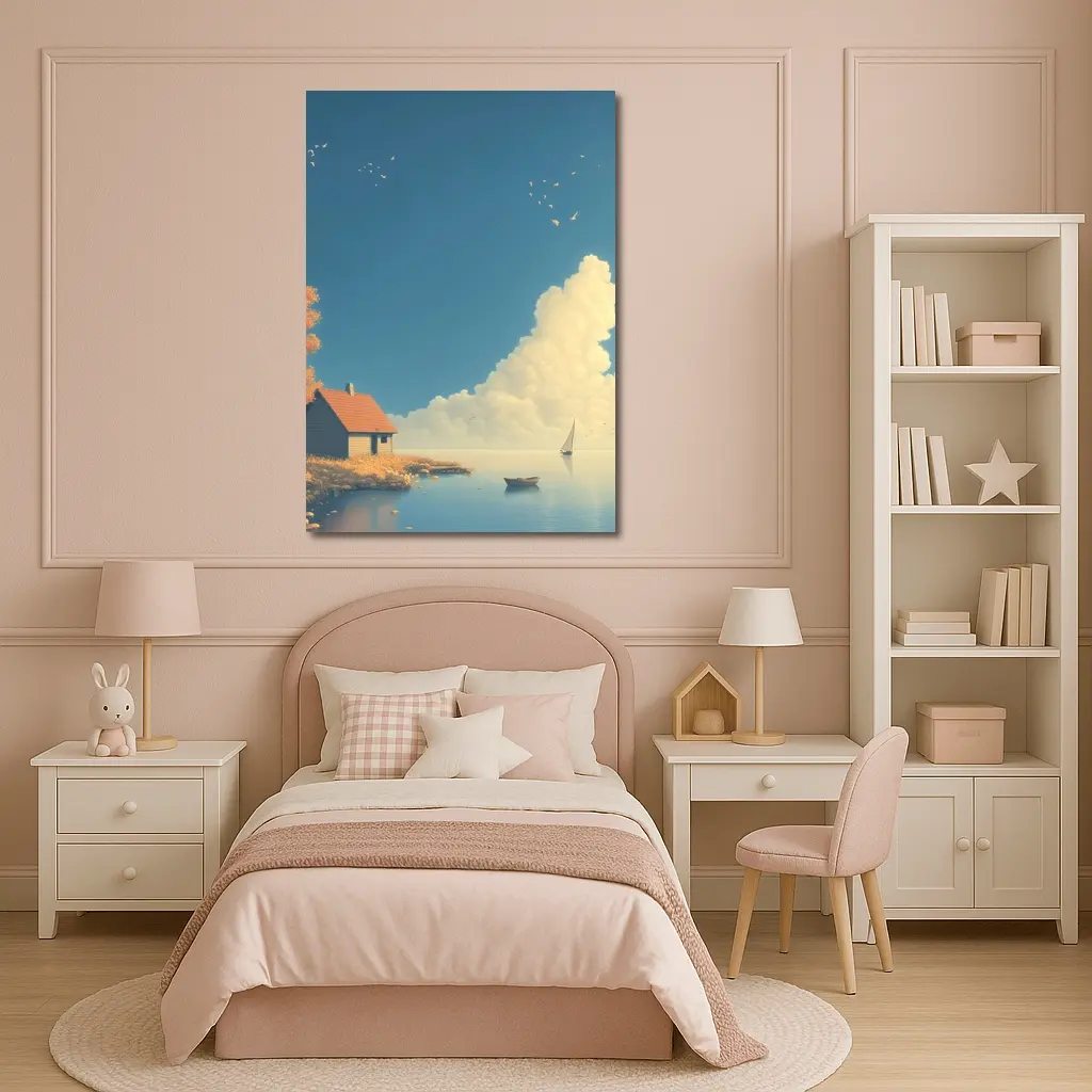 Autumn Lakeside Cottage Sailboat Blue Sky – Wall Art