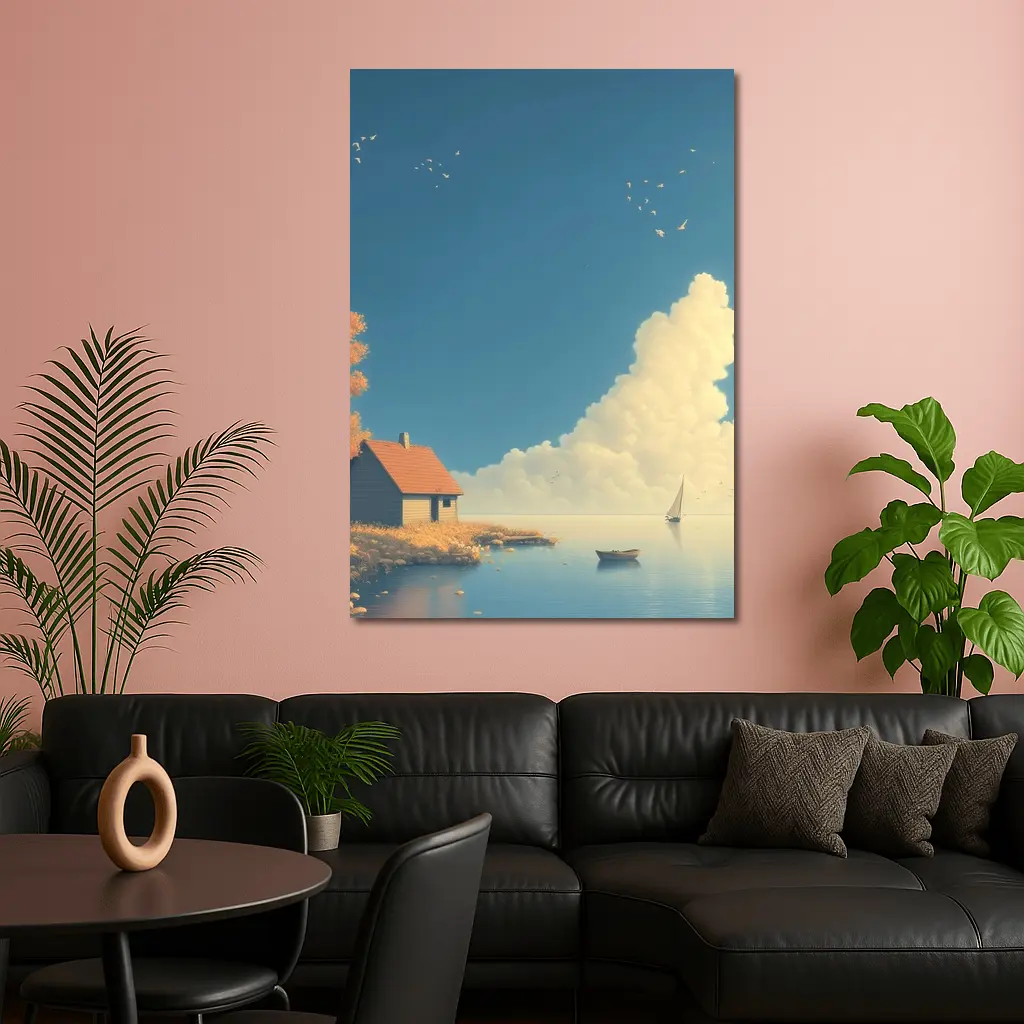 Autumn Lakeside Cottage Sailboat Blue Sky – Wall Art