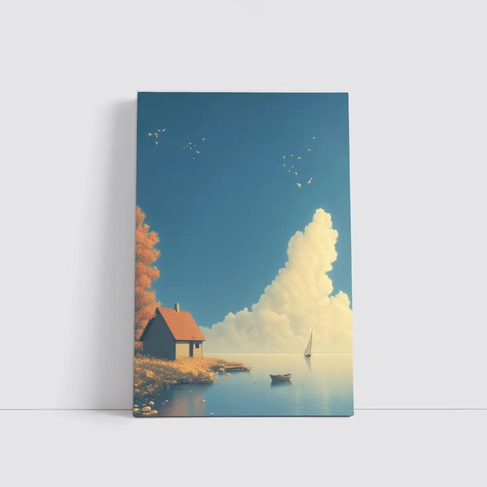 Autumn Lakeside Cottage Sailboat Blue Sky – Wall Art
