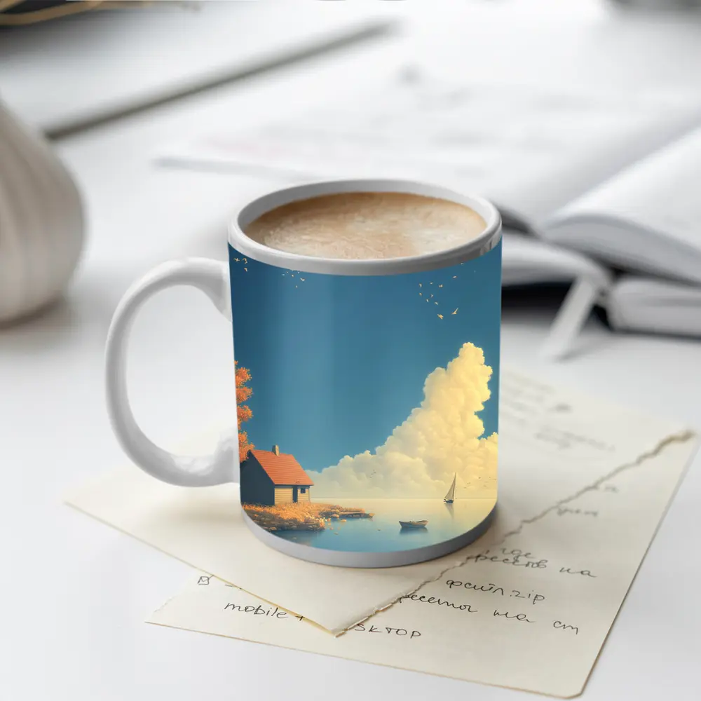 Autumn Lakeside Cottage Sailboat Blue Sky – Mugs