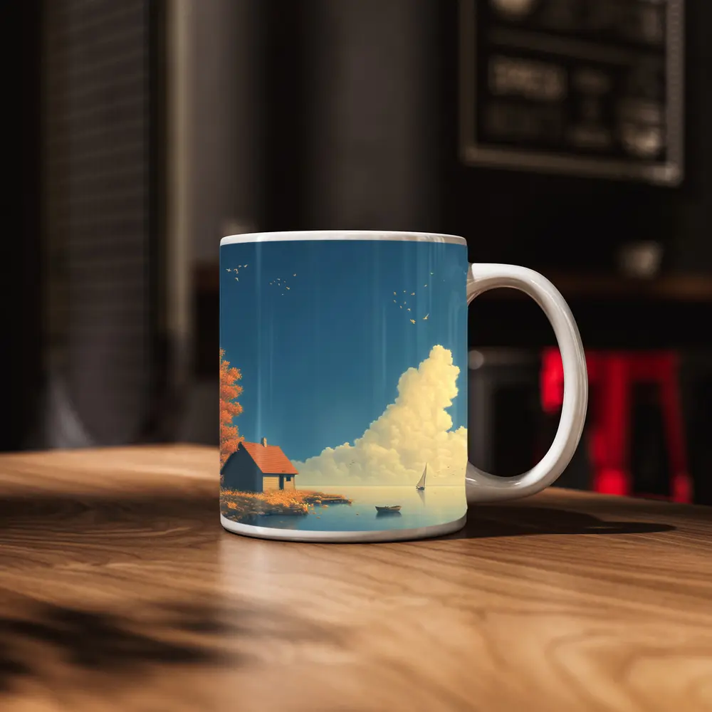 Autumn Lakeside Cottage Sailboat Blue Sky – Mugs