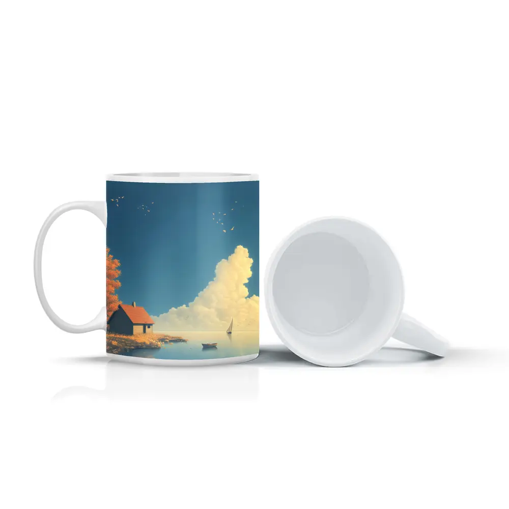 Autumn Lakeside Cottage Sailboat Blue Sky – Mugs