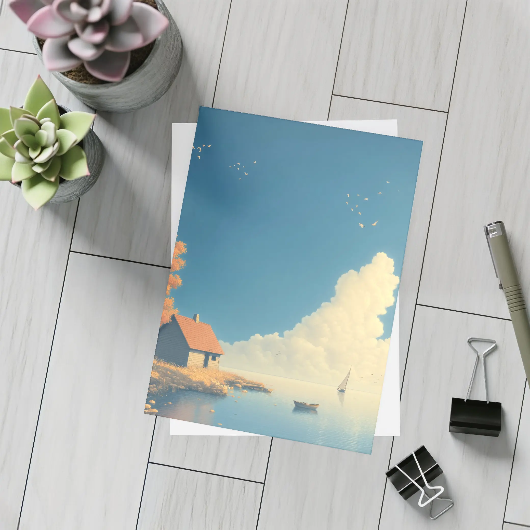 Autumn Lakeside Cottage Sailboat Blue Sky – Postcards
