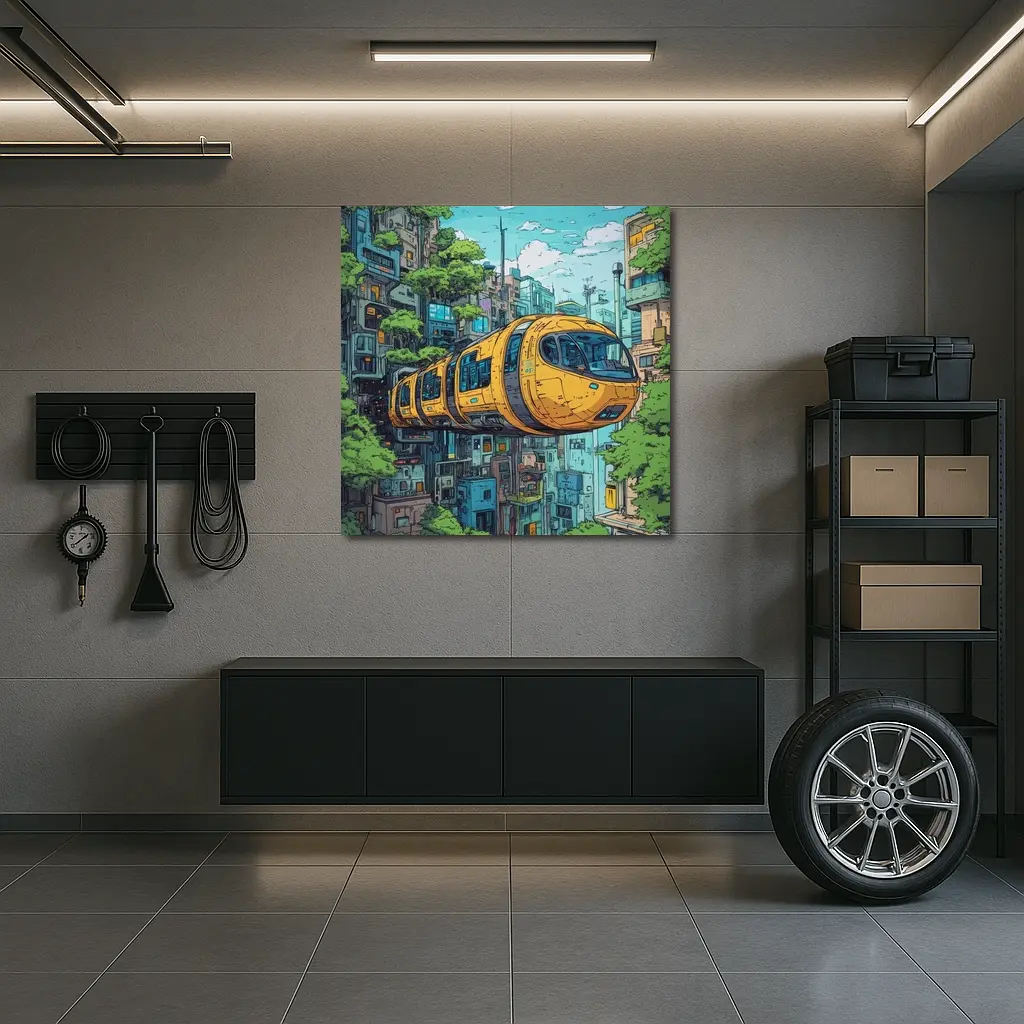 Anime Futuristic Yellow Train Flying City – Wall Art
