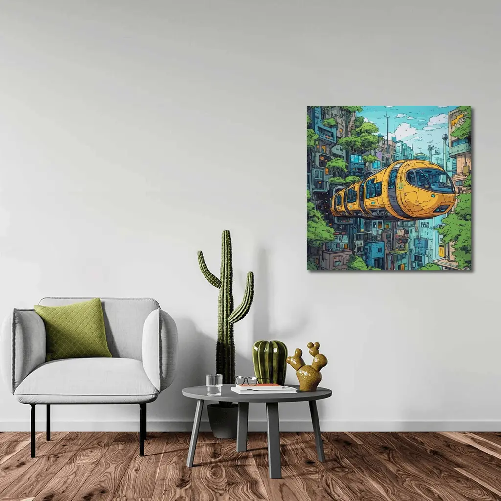 Anime Futuristic Yellow Train Flying City – Wall Art