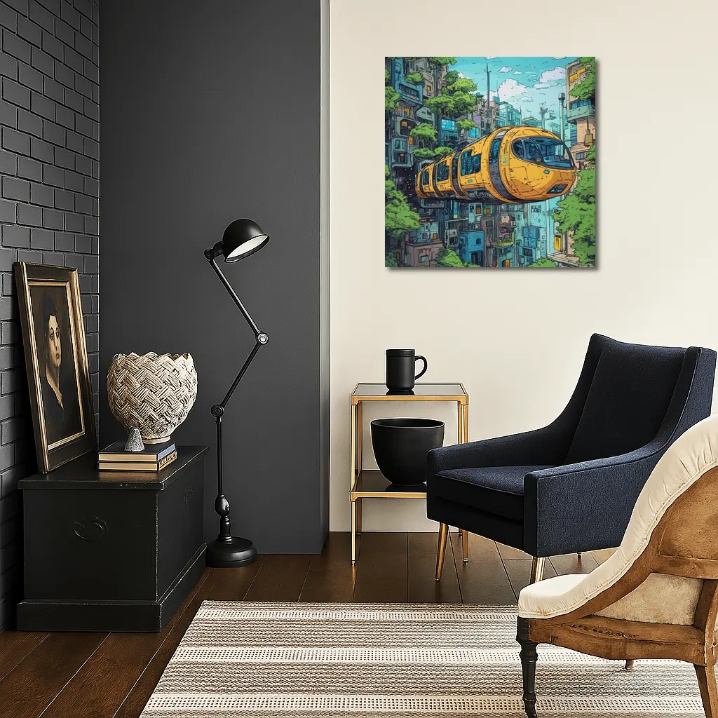 Anime Futuristic Yellow Train Flying City – Wall Art