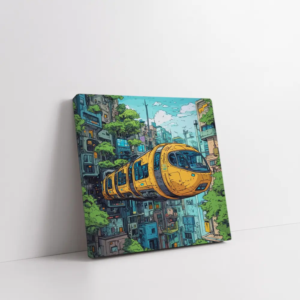 Anime Futuristic Yellow Train Flying City – Wall Art