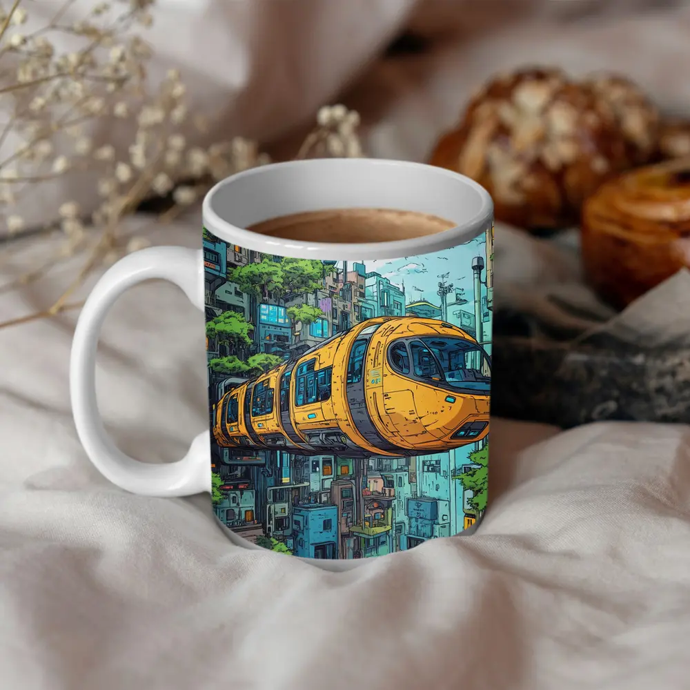 Anime Futuristic Yellow Train Flying City – Mugs