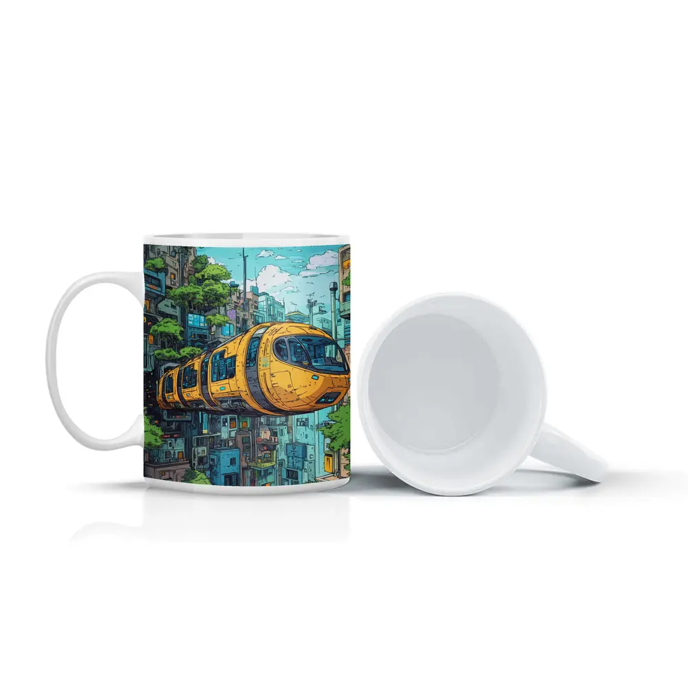 Anime Futuristic Yellow Train Flying City – Mugs