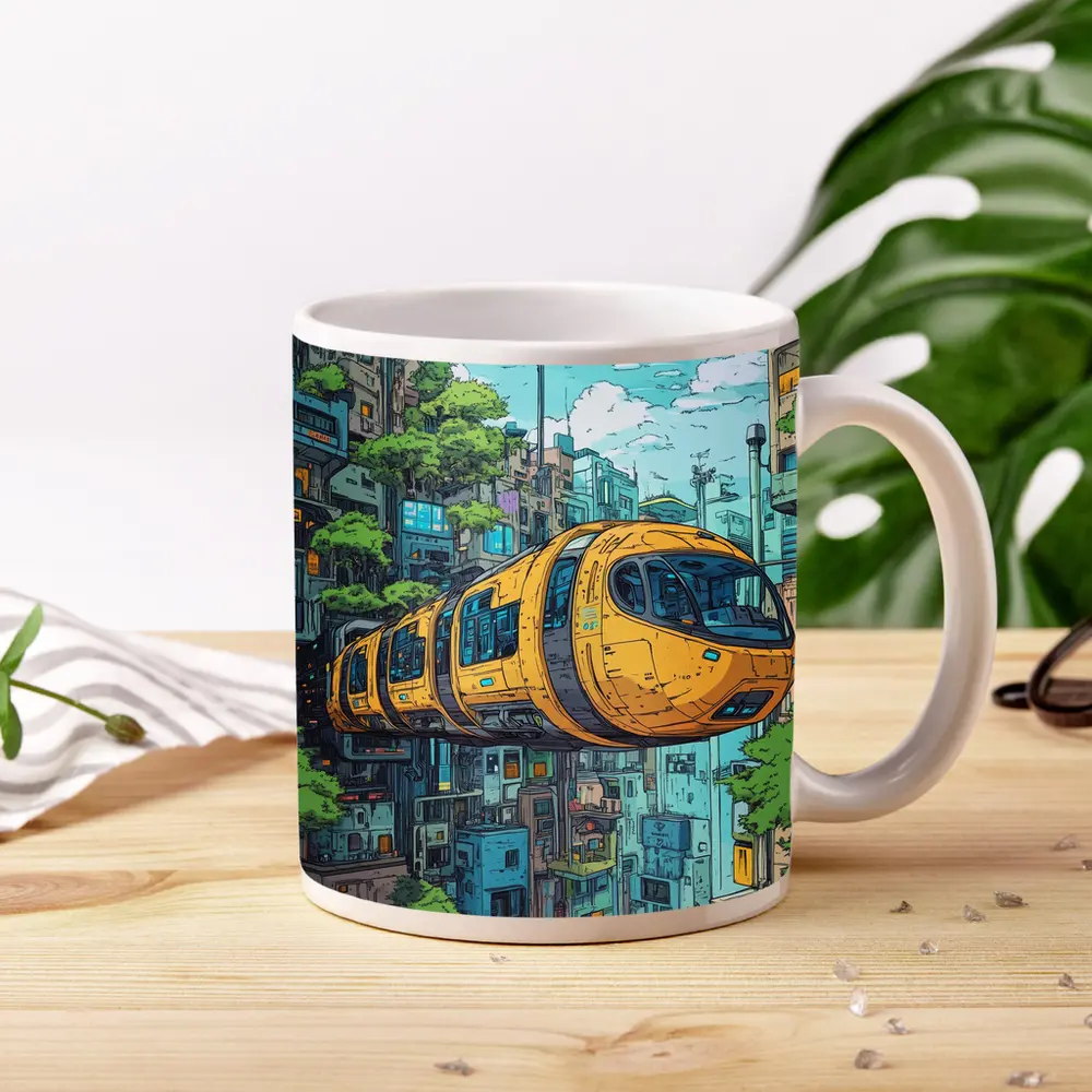 Anime Futuristic Yellow Train Flying City – Mugs