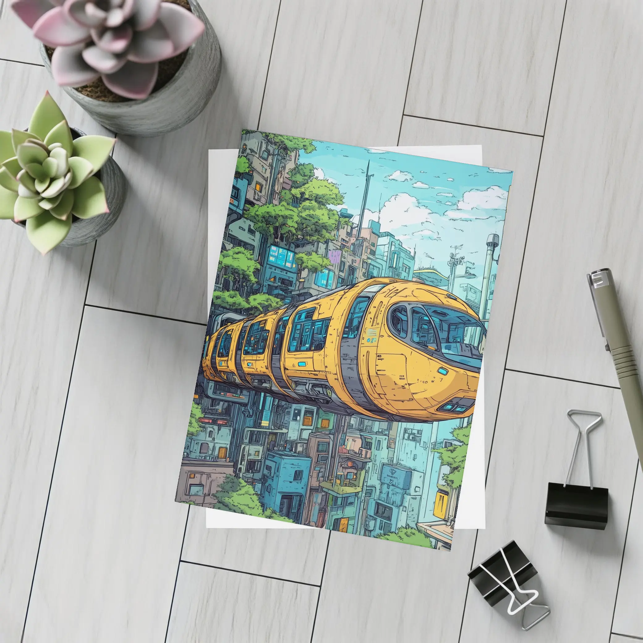 Anime Futuristic Yellow Train Flying City – Postcards
