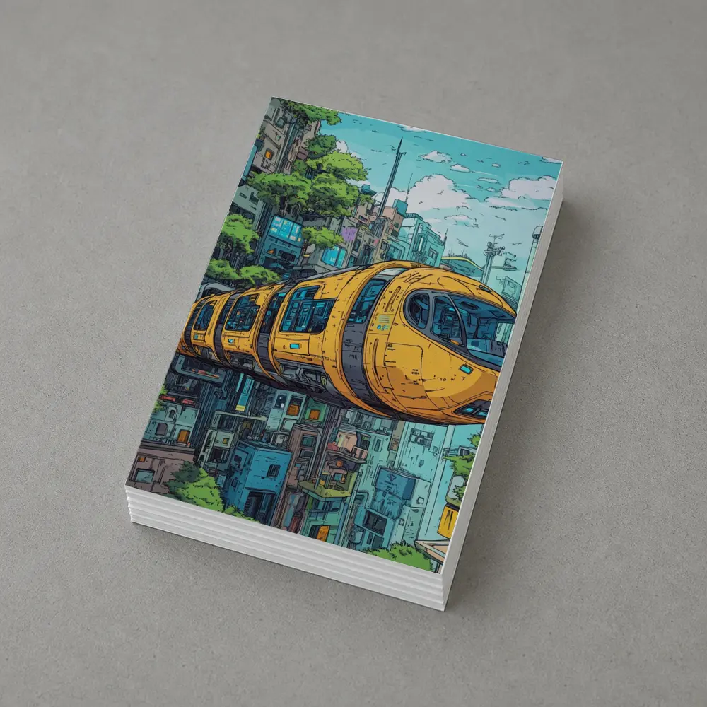 Anime Futuristic Yellow Train Flying City – Postcards
