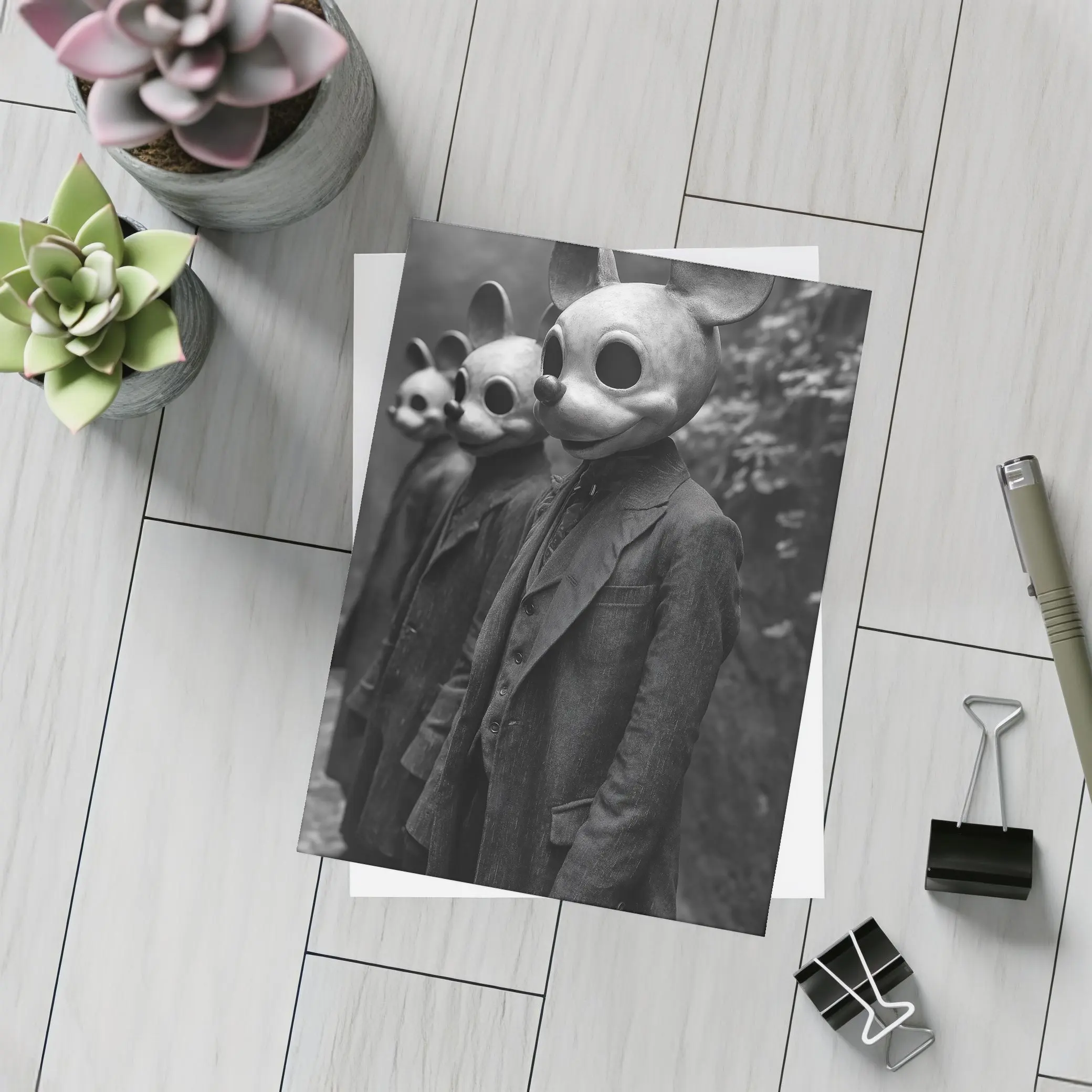 Creepy Mouse Mask Figures Dark Forest – Postcards