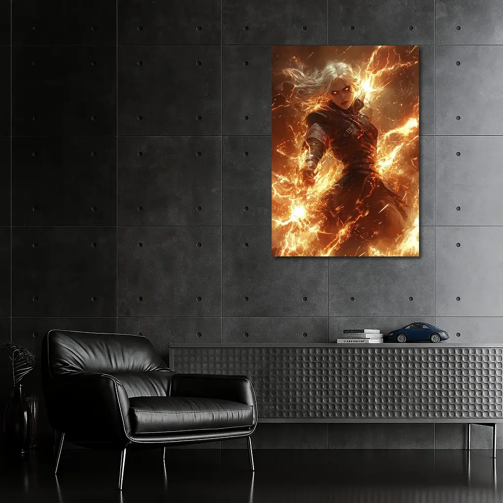 White Hair Warrior Woman Fire Lightning Fantasy – Wall Art