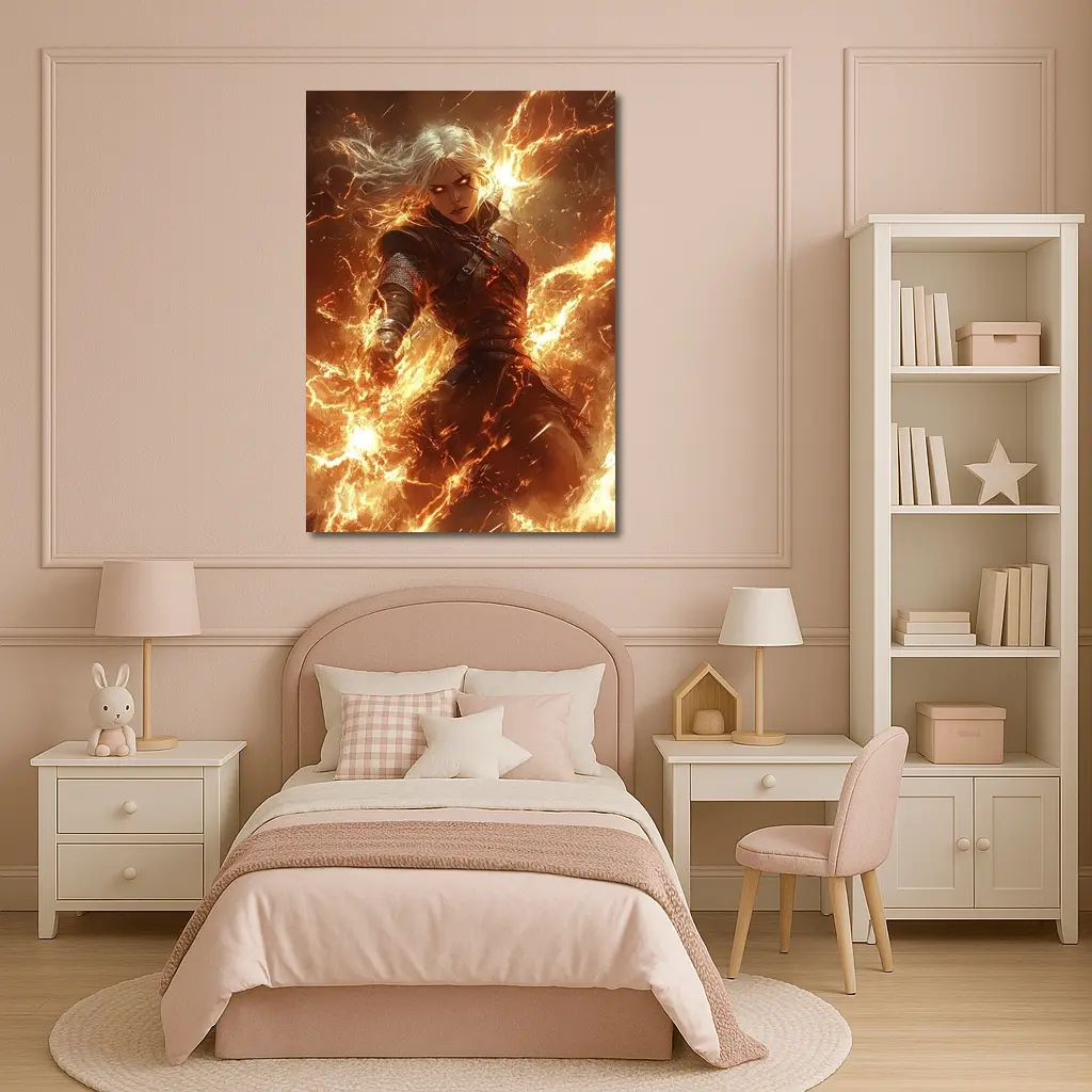 White Hair Warrior Woman Fire Lightning Fantasy – Wall Art