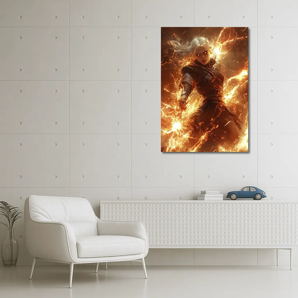 White Hair Warrior Woman Fire Lightning Fantasy – Wall Art