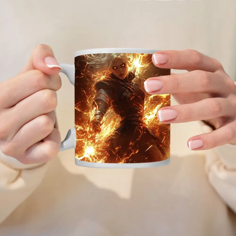 White Hair Warrior Woman Fire Lightning Fantasy – Mugs